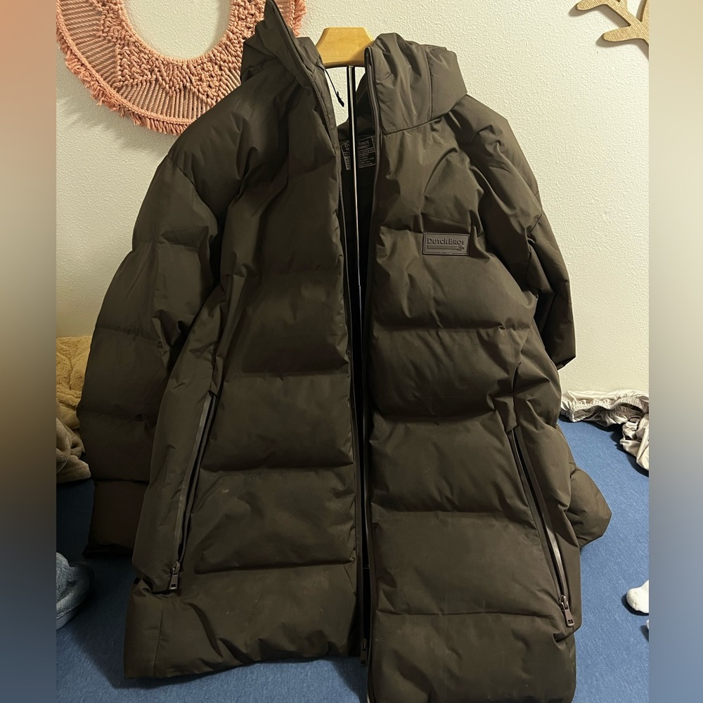 Chocolate brown Dutch Bros puffer jacket